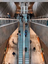 High angle view of people on escalator