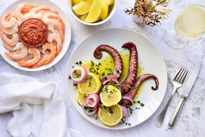 High angle view of breakfast served on table