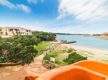 Scenic view of sea by townscape against sky