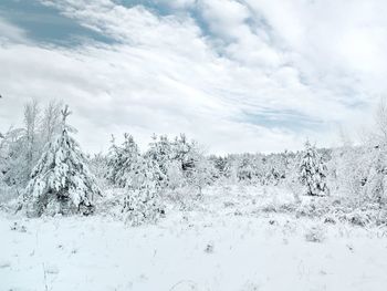 Snow covered land against sky