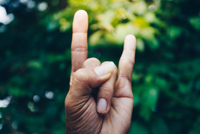 Close-up of human hand gesturing horn sign against trees