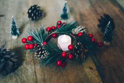 High angle view of christmas decorations on table