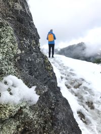 Rear view of person standing on snow covered rock
