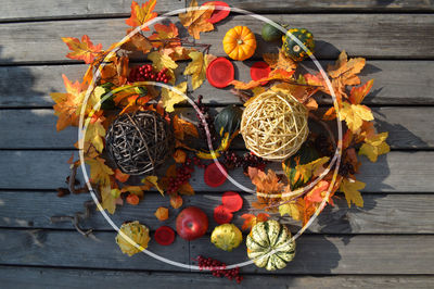 High angle view of fruits in basket on table