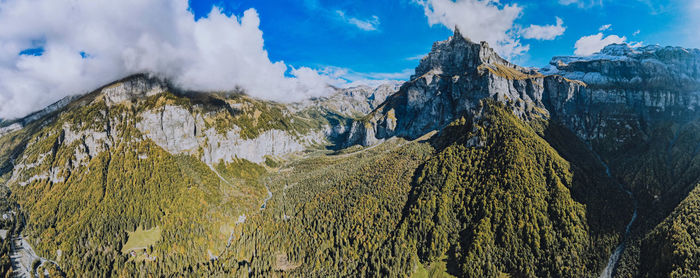 Panoramic view of snowcapped mountains against sky