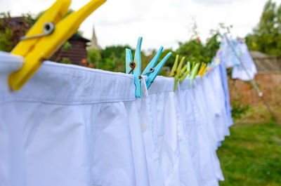 Close-up of clothes drying on clothesline