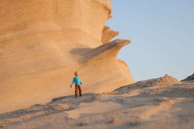 Rear view of man walking on sand at beach