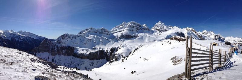 Panoramic view of snowcapped mountains against sky