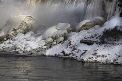 Niagara falls, the american falls with an icy build up at the bottom in winter time.