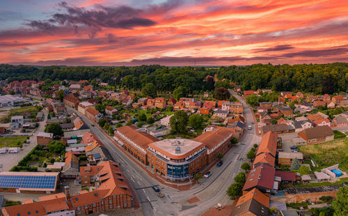 High angle view of townscape against sky at sunset