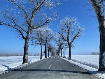 Road amidst bare trees against sky during winter