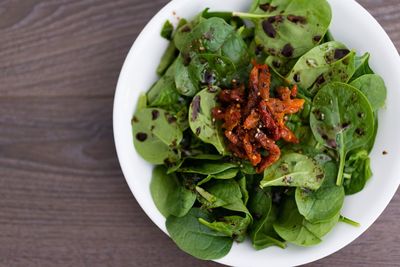 High angle view of salad in plate on table