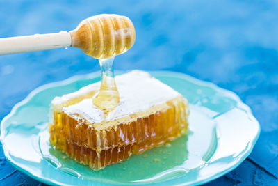 Close-up of cake slice in plate on table