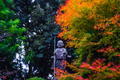Statue amidst trees in forest during autumn