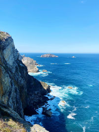 Scenic view of sea against clear blue sky