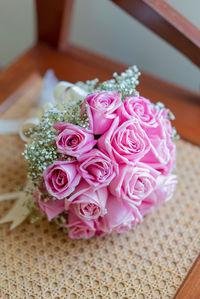 High angle view of rose bouquet on table