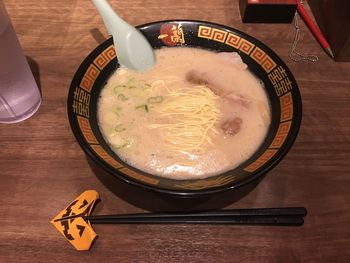 High angle view of soup in bowl on table