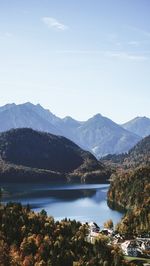 Scenic view of lake and mountains against sky