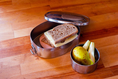 High angle view of breakfast on table