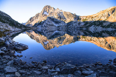 Reflection of mountain in lake against sky