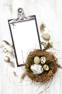 High angle view of clipboard with easter eggs in nest on wooden table