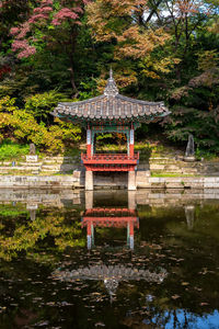 Reflection of built structure in lake