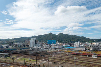High angle view of railroad tracks against sky