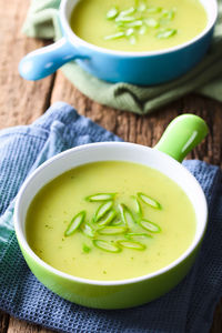 High angle view of soup in bowl on table