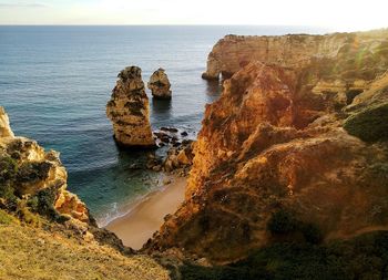 High angle view of rock formations in sea