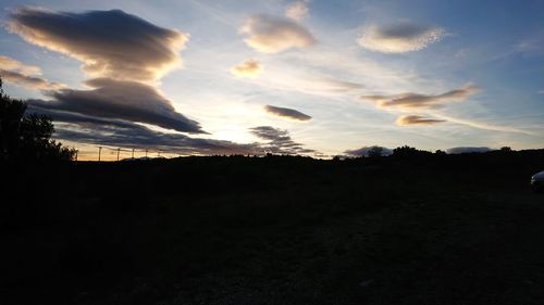 Silhouette trees on field against sky during sunset