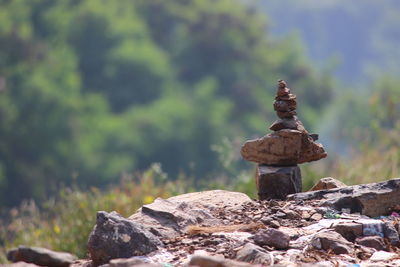 Close-up of stone stack on rock