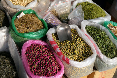 High angle view of various fruits for sale in market