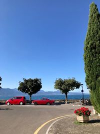 Road by trees against clear blue sky