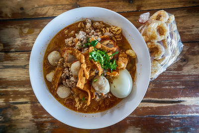 High angle view of soup in bowl on table