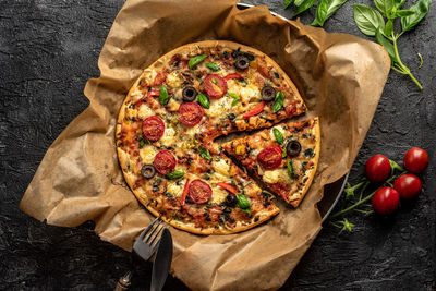 High angle view of pizza