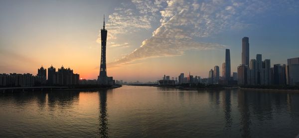 City at waterfront during sunset