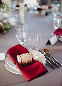 Red wineglass on table in restaurant