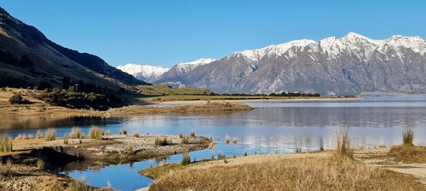 Scenic view of lake and mountains against sky