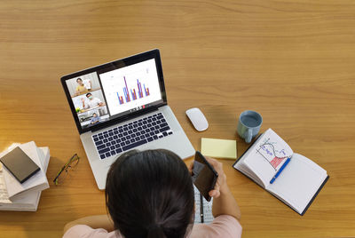 High angle view of woman using digital tablet