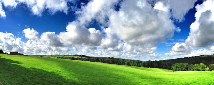 Panoramic view of green landscape against sky