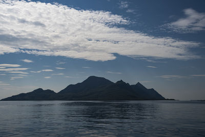 Scenic view of sea and mountains against sky