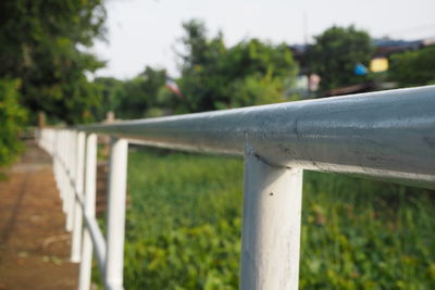 Close-up of metal fence on field