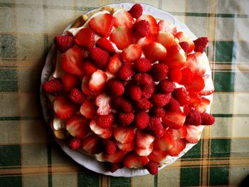 Directly above shot of strawberries in bowl on table