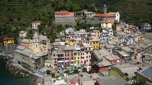 High angle view of houses in town