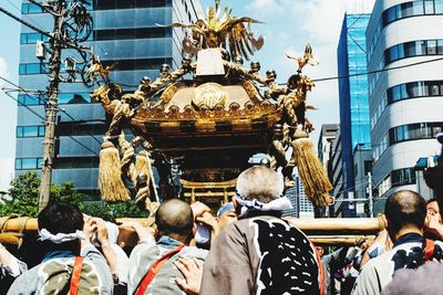 High angle view of people in front of building