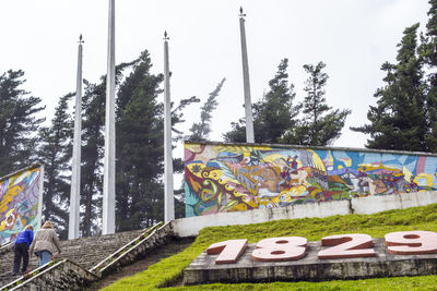 Graffiti on wall by trees against sky