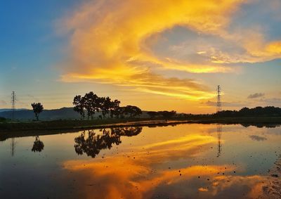 Scenic view of lake against sky at sunset