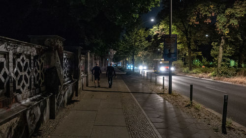 Rear view of people walking on street at night