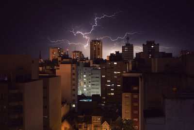 Lightning strike between buildings in cityscape