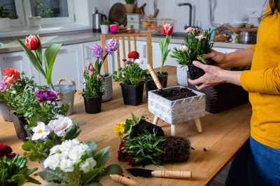 Directly above shot of woman gardening on table